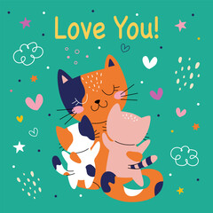 Cute card with family cats. Love you. Vector illustration. green background