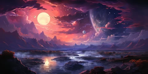 Foto op Canvas A breathtaking and otherworldly painting of a moonlit landscape. Majestic mountains rise up into the night sky, and clouds drift by like phantoms. © wiwid