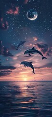 Obraz na płótnie Canvas Dolphins leap through hoop moons that float above the ocean their silhouettes glowing against the twilight sky