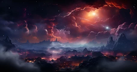 Zelfklevend Fotobehang A breathtaking and imaginative painting of a floating city in the sky, with a waterfall cascading down its side. The city is surrounded by clouds and stars, and it appears to be suspended in mid-air. © wiwid