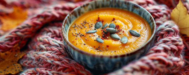 A bowl of creamy butternut squash soup garnished with pumpkin seeds on a cozy knitted blanket with an autumn-themed background Top view space to copy.