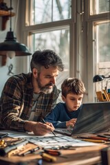 Fototapeta premium Father and son using a laptop in a home office working on a DIY project plan with tools and blueprints spread out on the desk