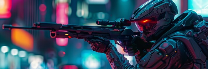 Futuristic assassin in sleek high tech armor aiming a cutting edge rifle neon city backdrop - obrazy, fototapety, plakaty