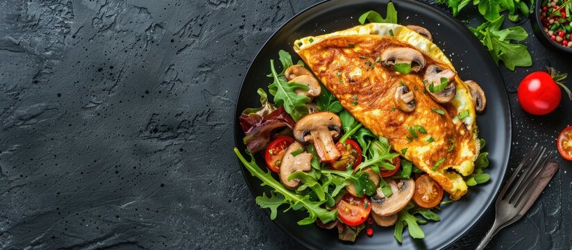 Top view tasty mushroom omelette with salad and vegetable on plate background. AI generated image