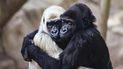 Fototapeta premium Heartwarming scene of a white gorilla gently hugging a black gorilla symbolizing unity and friendship in their natural habitat