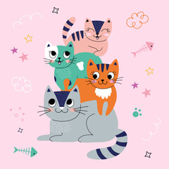 Cute card with family cats. Best family always together. Vector illustration. pink background