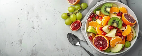 A bowl of fruit salad with apples, oranges, grapes and kiwis. A spoon and a napkin on a table. A...