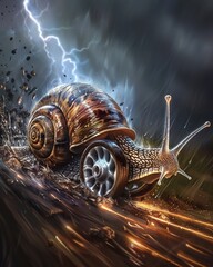 High velocity snail with automotive wheels for a shell streaks of speed light and lightning - obrazy, fototapety, plakaty