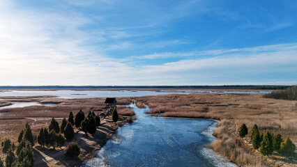 Birdwatching Tower of Riekstusala at Kaniera Lake Lapmezciems, Latvia Reed Trail in Kemeri National Park Fund With Swamps and Many Tiny Lakes. Famous Hiking Destination in Latvia.