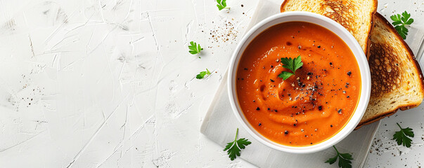 A bowl of creamy tomato soup with a grilled cheese sandwich on a classic white surface Top view space to copy.