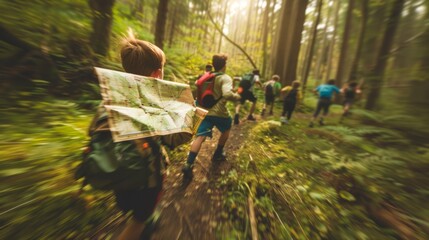 With maps in hand various teams dash through a sprawling forest trying to outsmart and outrun each other in a fastpaced orienteering competition. The trees blur past as they