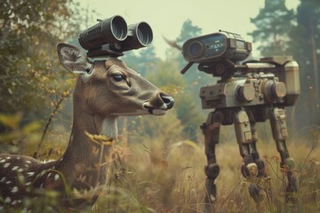 In the heart of a national park a robot deer and forest ranger use binoculars to monitor the wilderness a duo of vigilance - obrazy, fototapety, plakaty