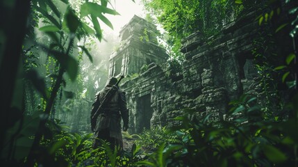 Knight exploring a dense rainforest ancient ruins in the background adventure and discovery theme