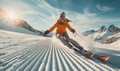 A woman skier carving on the snow. Low angle view - obrazy, fototapety, plakaty