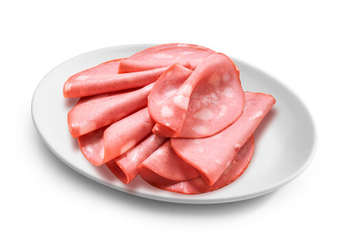 mortadella di bologna over roval white plate, isolated on white background
