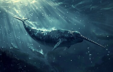 Narwhals swim in the Arctic their tusks glowing like underwater lighthouses guiding their path through the dark