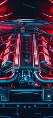 Neon lit performance car engine at night emphasizing power and innovation - obrazy, fototapety, plakaty