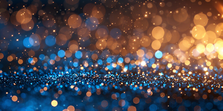 Blue and gold glitter texture with shiny light Sky textured space background with defocused lights Bokeh background and golden light mist, blue with turquoise wallpaper.