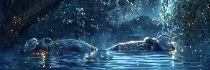 Otters float on their backs in a moonlit river holding hands and dreaming stars reflecting on the waters surface - obrazy, fototapety, plakaty
