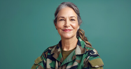  Senior woman military veteran in camo uniform smiling in front of green background. 
