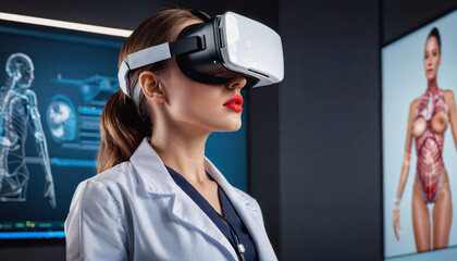 side view A female doctor in the studio wears VR technology with a background of 3D graphics of the human body, copy space