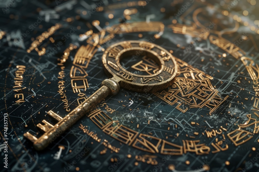 Wall mural rustic ancient key with runic inscriptions against a hud interface background