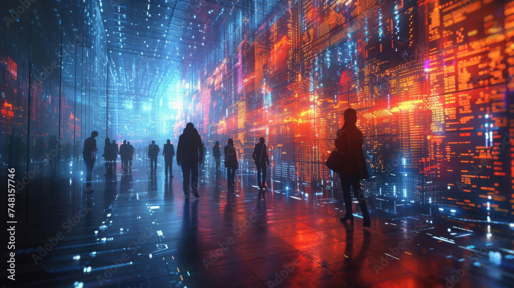 Wall mural a virtual stock exchange is projected as a holographic display in a sleek and modern trading floor. 