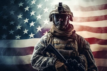 Silhouetted soldier in uniform with a rifle against an American flag backdrop, symbolizing patriotism and military service. - obrazy, fototapety, plakaty