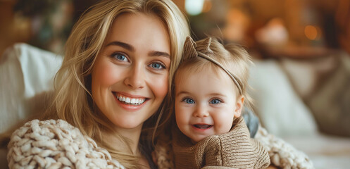 Obraz premium Portrait of beautiful blond woman with adorable baby girl. Happy young mom and her cute baby. Mothers day.