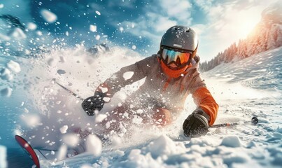 A woman skier carving on the snow. Low angle view
