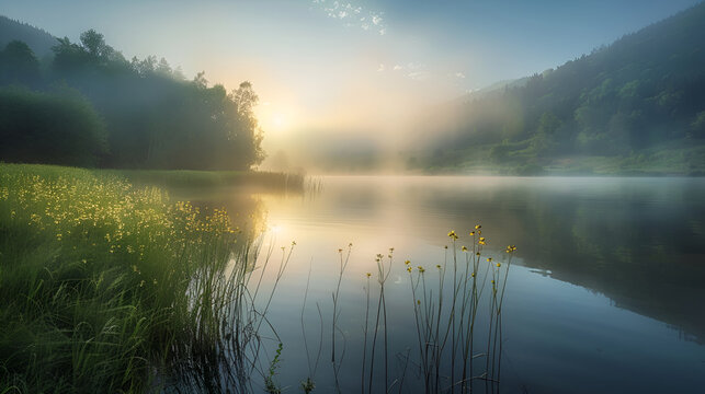 The tranquil ambiance of a misty morning at Lacu Rosu lake in Harghita County, Romania, Europe, where the fog gently blankets the serene landscape during a peaceful summer sunrise