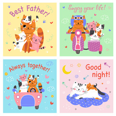 Cute card with family cats. Set Best family ever. Vector illustration. color background