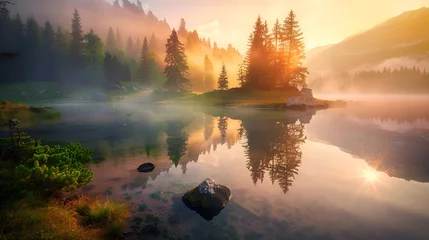 Deurstickers The tranquil ambiance of a misty morning at Lacu Rosu lake in Harghita County, Romania, Europe, where the fog gently blankets the serene landscape during a peaceful summer sunrise © Naqash