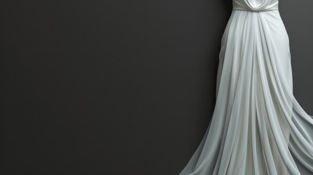 Elegant long white wedding dress in empty space studio. Generated AI image