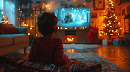 Child Watching TV in Cozy Christmas Decorated Room