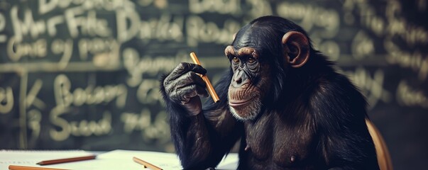 The monkey energetically brainstorming ideas for a project - obrazy, fototapety, plakaty