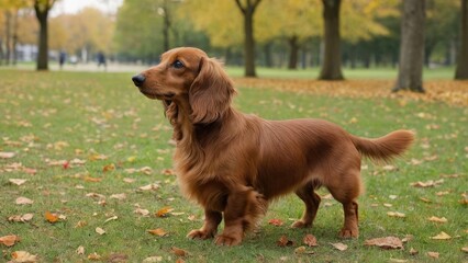 Red long haired dachshund dog in the park