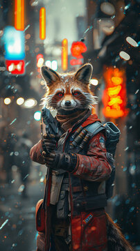 A detailed, realistic image of an anthropomorphic raccoon in tactical gear holding a gun