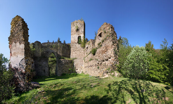 Medieval Neublankenheim castle ruins near &Uuml;xheim in the Eifel forest, Germany