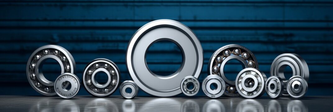 Various sizes of metal ball bearings lined up against a blue corrugated metal background.