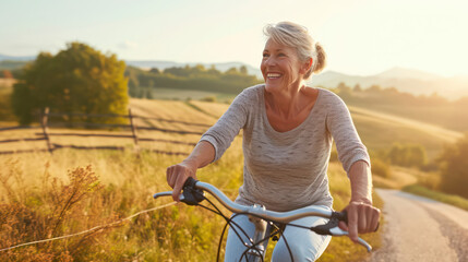 happy and healthy older woman is riding the bicycle for fun at the countryside field 