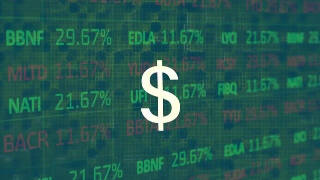 Animation of white dollar symbol over stock market