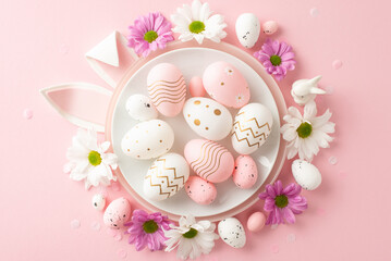 Charming Easter table setting idea. Overhead shot of playful bunny ears emerging from a plate, surrounded by ornate eggs, porcelain rabbits, daisies, and confetti on a soft pink background