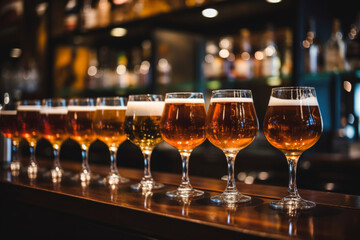 Row of various beer glasses on bar counter. Food and drink photography