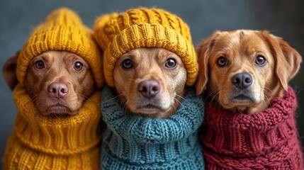 A group of three dogs wearing colorful sweaters and cute hats outdoors