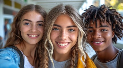 Fototapeta premium Collection of young women of diverse ethnic backgrounds standing closely next to each other, possibly posing for a photo