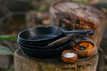 Casserole Resting on a Wood Log in the Wilderness.