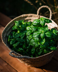 A Basket of Fresh Basil Leaves on a Wooden Table.