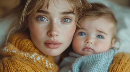 Elegantly styled in a knitted sweater, a lady shares a heartwarming moment with a cute, blue-eyed child. Expressive eyes and a touch of glamour define the beauty of this image.