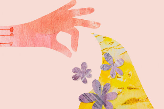 Illustration mixed media watercolor flowers, yellow abstract and woman hand gesture